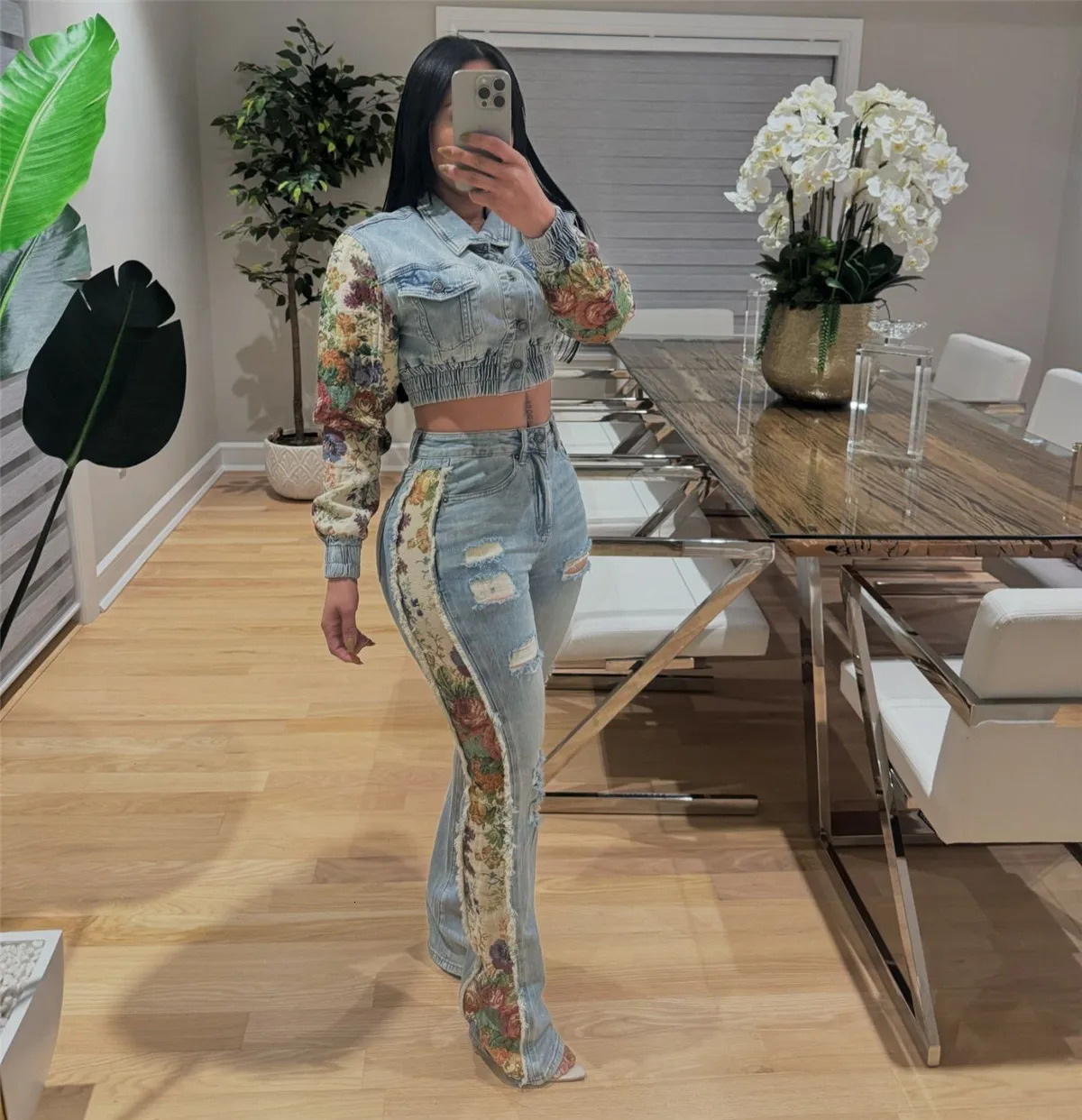 Jeans Suit Women Denim Two Piece Set Short Coat Pants Outfits Hole Trousers Flower Print Turn Down Collar Autumn Y2k 251029