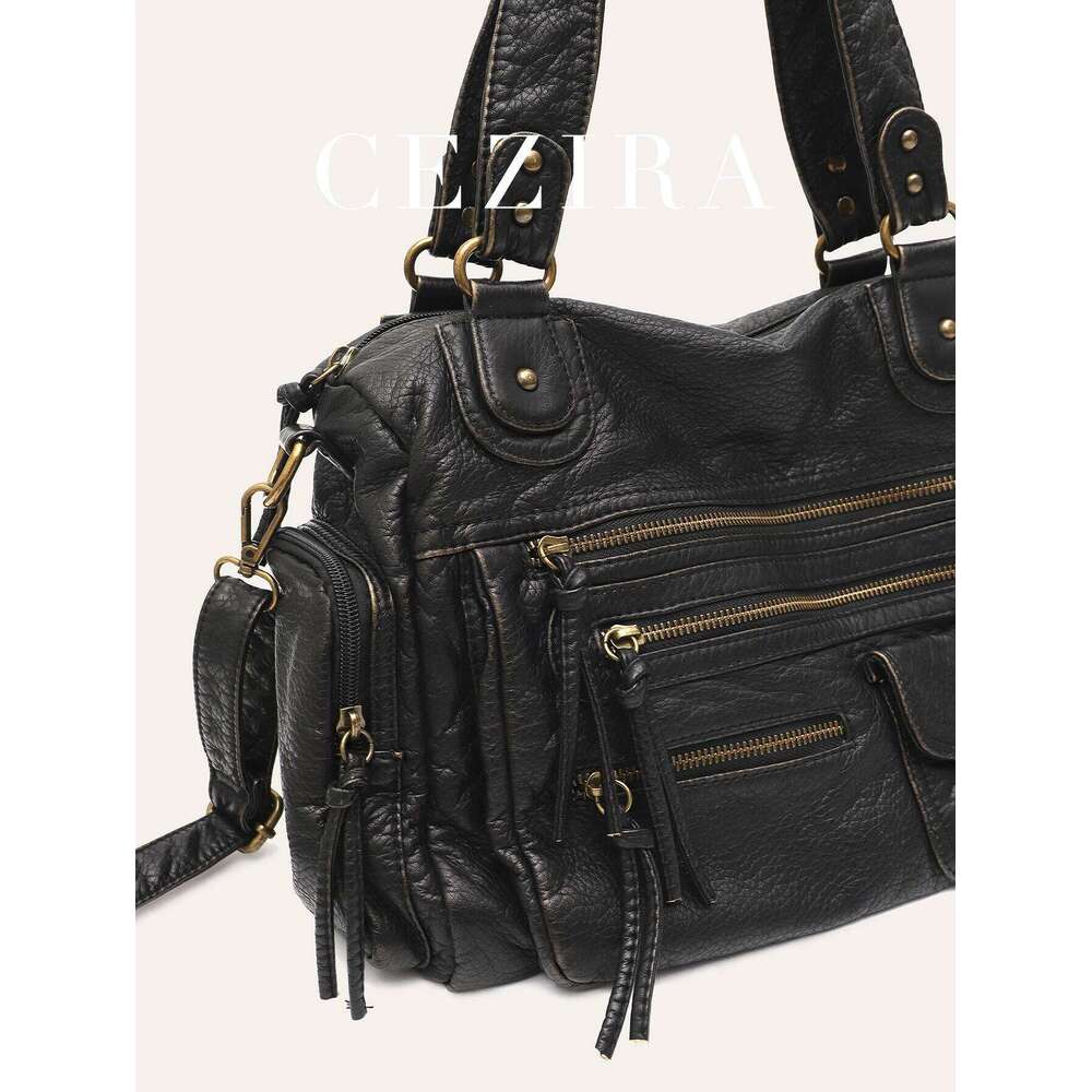 Vintage Women Unisex Brush-Off Color Washed PU Vegan Leather Zip Pockets Shoulder Cross Body Bag Large Retro Casual Daily Travel