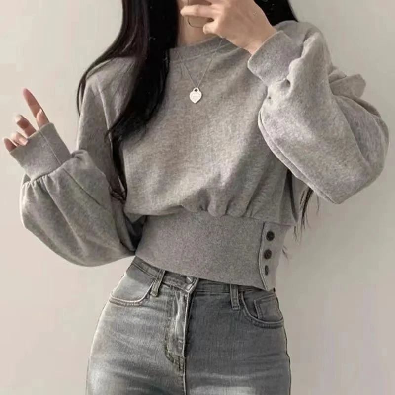 Autumn Women Solid ONeck Slim Crop Top Lantern Sleeve With Button Sweat Casual HipHop Sporty Pullover Sweet Chic Street Wear 251030
