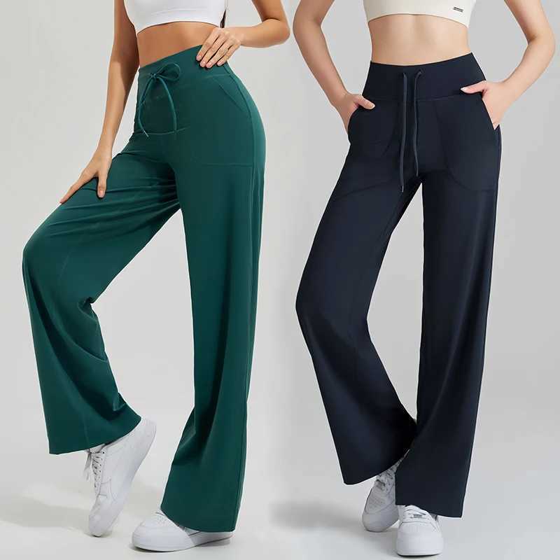 Womens yoga pants high waist wide leg gym casual pants solid color drawstring high elasticity quick drying tight pants J251030