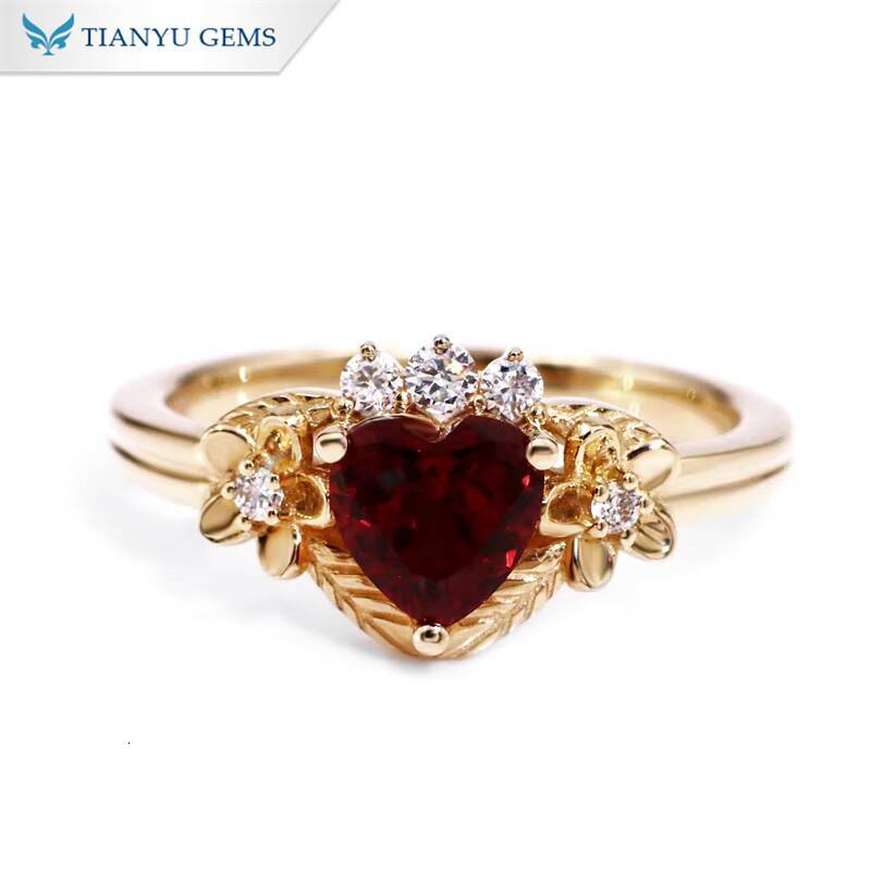 Tianyu Flower Design Love Heart Lab Ruby Side Lab Diamonds Sterling Silver 925 10K 14K 18K Gold Wedding Engagement Rings