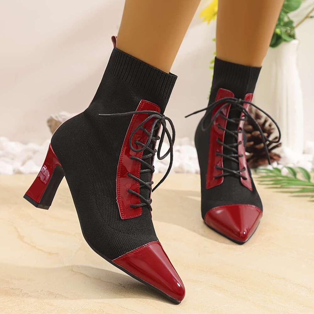 Black And Red Classic Combination Pointed Women's High Short Thick Heels With Adjustable Laces Comfortable Street Shoes Outdoor Boots