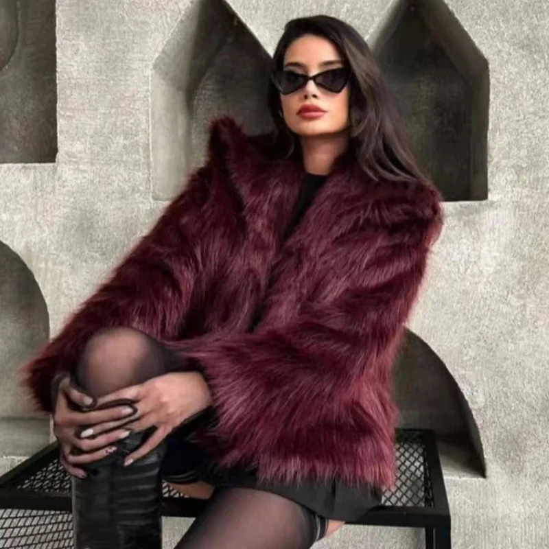 HXAO Womens Fur Coat Women Plush Burgundy Bomber Jacket Solid Crop Long Sleeve Warm Winter Coats Woman Casual 251028