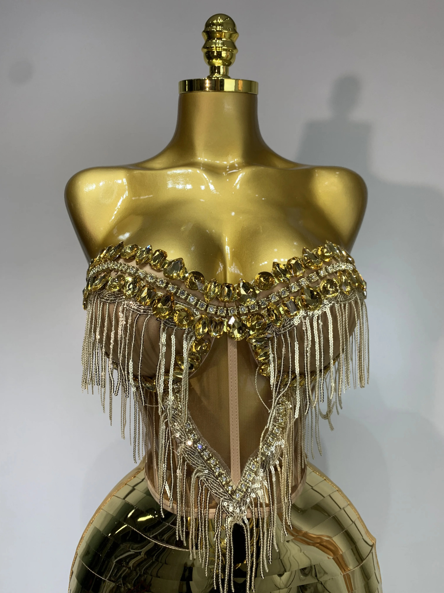 Sparkly Gold Rhinstones tassels Top Skirt Set Women Sexy Strapless Two Pieces Nightclub Evening Party Stage Outfit 251028