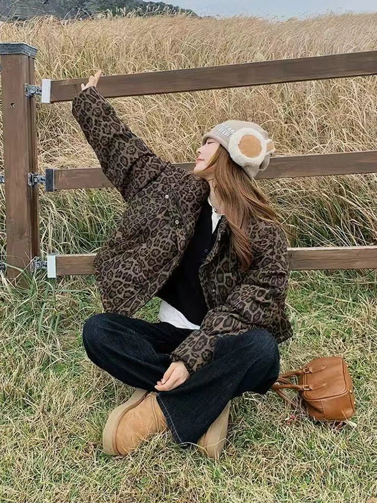 Vintage Leopard Print Parkas Coats Women Winter Warm Standing Collar Crop Down Jacket Y2K Streetwear All Match Zipper Outerwear 251023