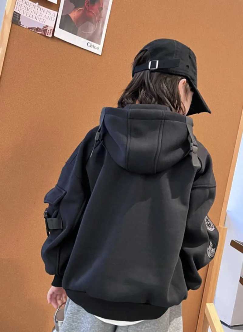 Stylish Boys Fleecelined Pullover Hoodie Mechanical Buckle Hooded Top Trendy Hiphop Dance Performance Outfit for Medium KidsT251030