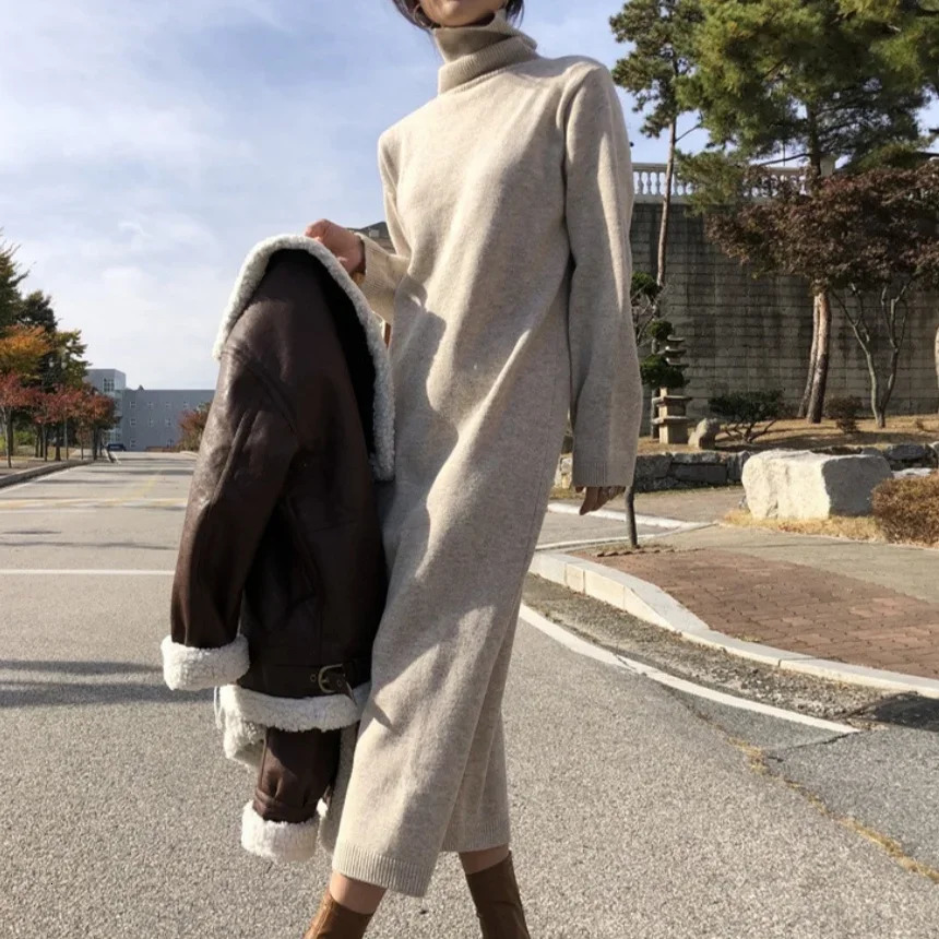 REALEFT Autumn Winter Elegant Turtleneck Loose Womens Knitted Long Dresses Sleeve Solid Straight Dress Female 251027
