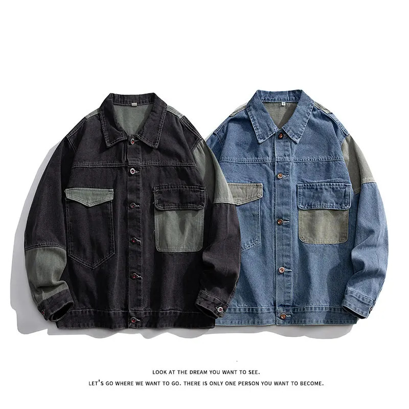 Mens Denim Jacket Oversize Spliced Color Blocking Spring Autumn Hip Hop Menswear Japanese Style Male Jeans 251016