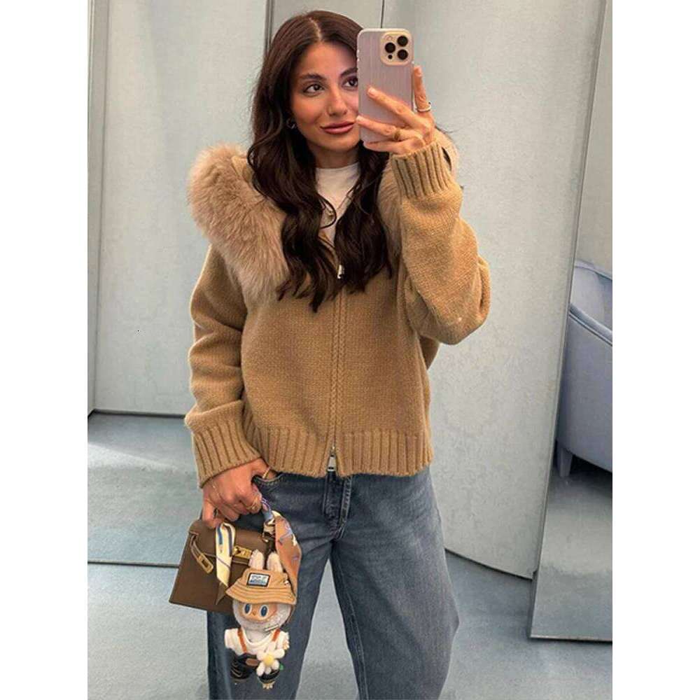 Chic Fur Collar Cropped Jacket Coat Hooded Knitted Sweater Women Casual Solid Autumn New Zip-Up Outerwear High Street Outfit Women Sweater Designer Sw