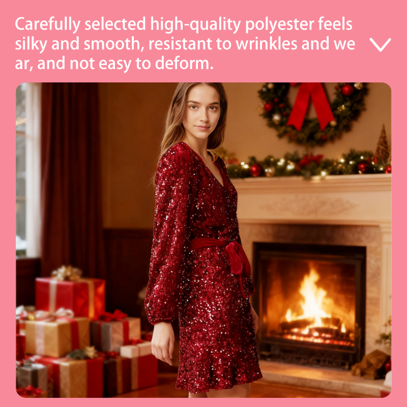 Prom Dresses Women's Red Sequin Wrap Dress with Puff Sleeves - Belted Ruffle Hem Mini Dress for Christmas Party, Evening Cocktail & Festive Occas