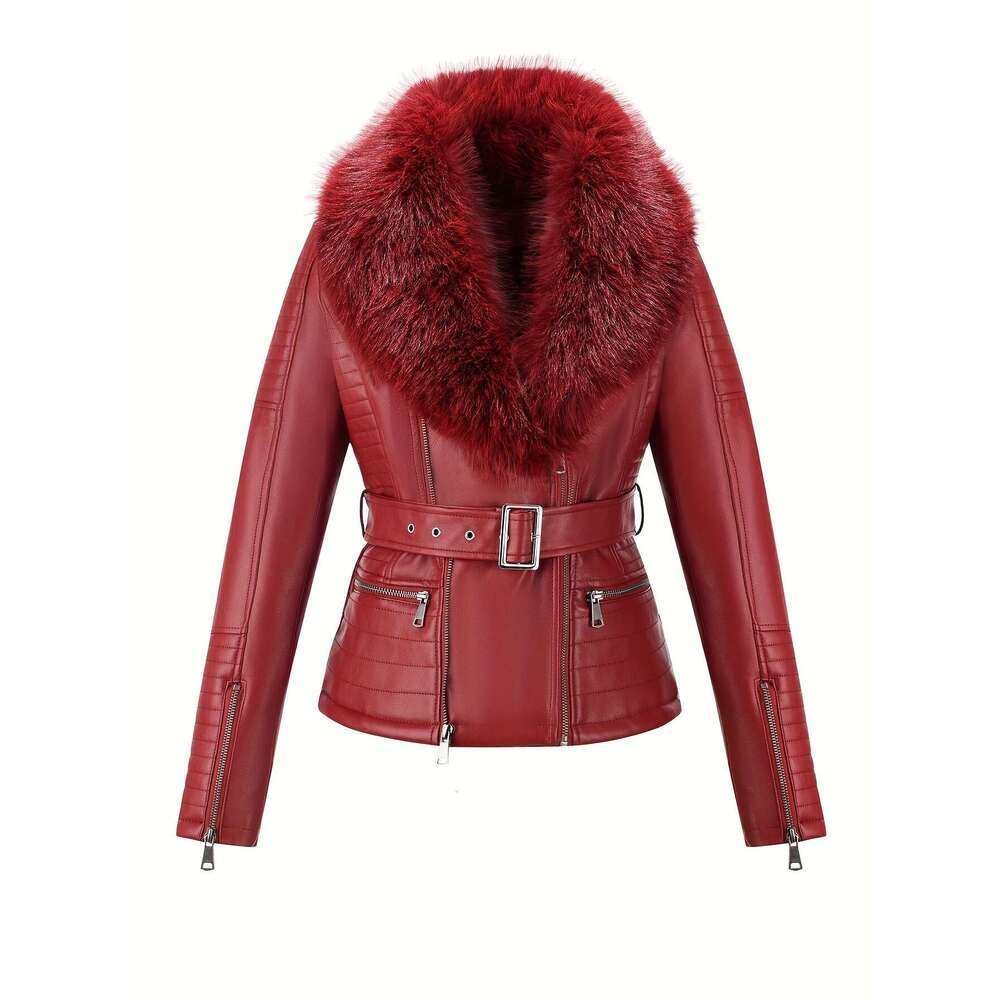 Women S Autumn Winter PU Leather Jacket Fashion Warm Large Faux Fur Collar Biker Jacket Coat