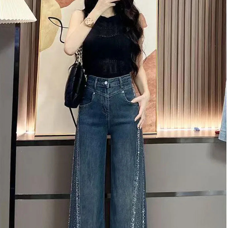 Diamond Wide Leg Flared Jeans Womens SpringSummer Fashion Spice s Loose Washed Blue Straight Leg Pants 251029