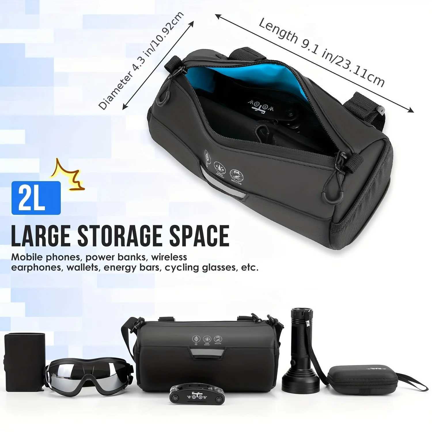 Bike Handlebar Bag Waterproof Bicycle Handlebar Roll Bag with Large Reflective Area Bike Front Pouch with Waterproof Zipper H251029