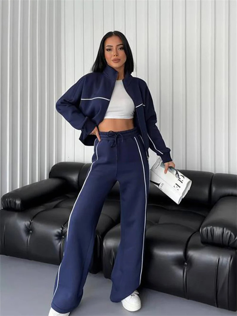 Sweatshirt Twopiece Suit Womens Oversize Striped Casual Sports Sets Zipperup Short Jacket Straight Trousers 2piece Sets 251029
