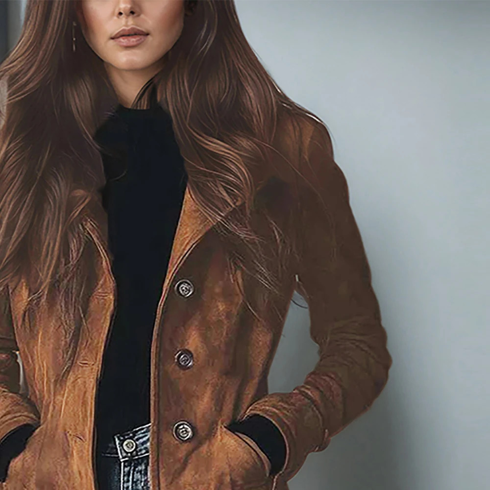 Elegant Suede Long Trench Women Coat Vintage Pocket Single Breasted Long Sleeve Outerwear Windbreaker Fall Outdoor Female Jacket 251030