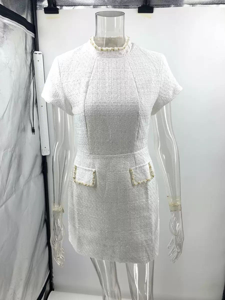 O Neck Casual Dress For Women White Elegant Tweed Short Dress A-line Mini Curvy Luxury dress Shoulder Pad Black Elegant Evening Gowns Party Birthday S