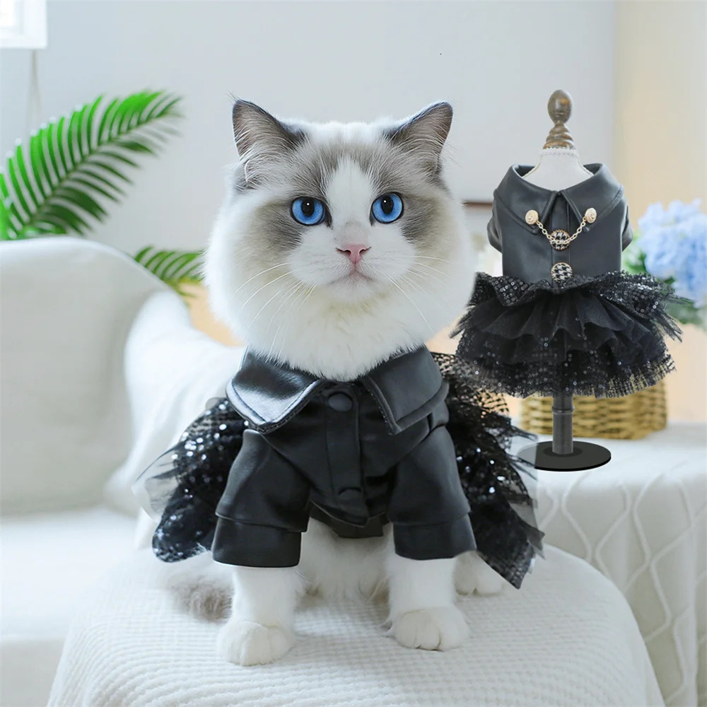 Fashion Handsome Cat Dress for Cats Gotas Autumn Winter Pet PU Leather Skirt Persian Chinchilla Dresses mascotas Outfit Clothing 251029