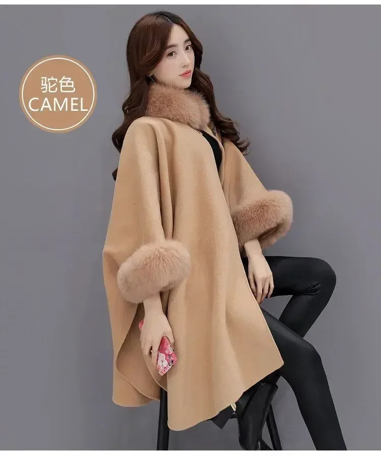 Winter Fashion Korean Version Fox Fur Collar in Long Woolen Bat Sleeves Coat Solid Color Temperament Cloak Cape Coat Women 251029