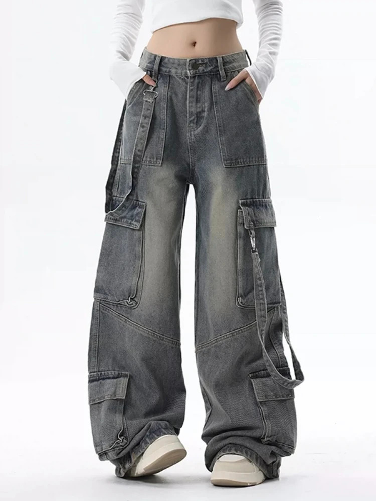 Cargo Jeans for Women Baggy High Street Chic Allmatch Daily Vintage Ins Waist Trousers Autumn Multipockets Classic 251029