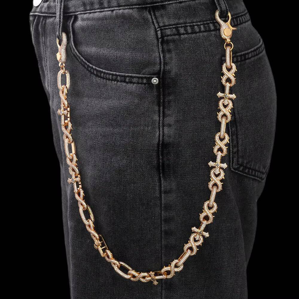 NUOYA Luxury Silver Plated Hip Hop Pants Chain Shiny Diamond Cross Micro Pave moissanite Spike Infinity Design Chain Jewelry Designer's style