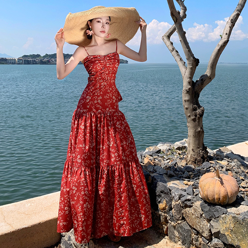 DR154 Women's Floral Pleated Dress for Beach Vacation