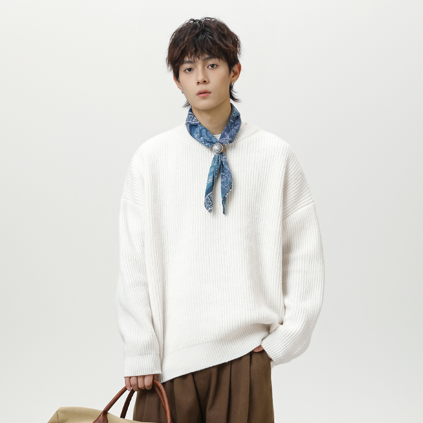 Solid Color Lazy Style Thick Knit Designer Sweater Round Neck Sweater Men Autumn Winter Trendy Brand Knitted Loose Casual Jacket