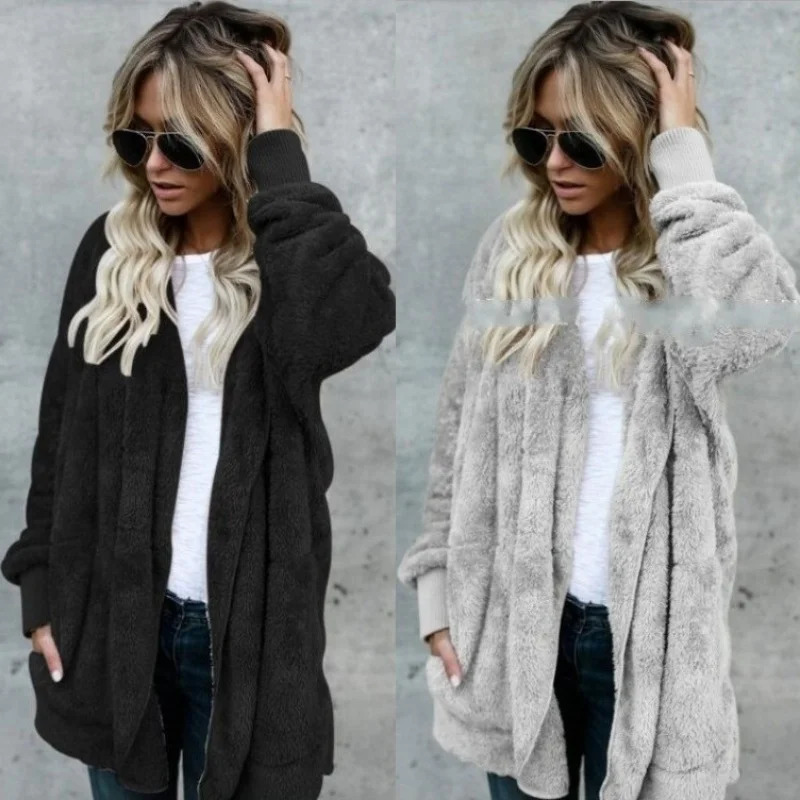 Women Autumn Winter Doublefaced Fur Fleece Faux Medium Style Hooded Warm Thick Coat Casual Solid Longsleeved Overcoat 251028