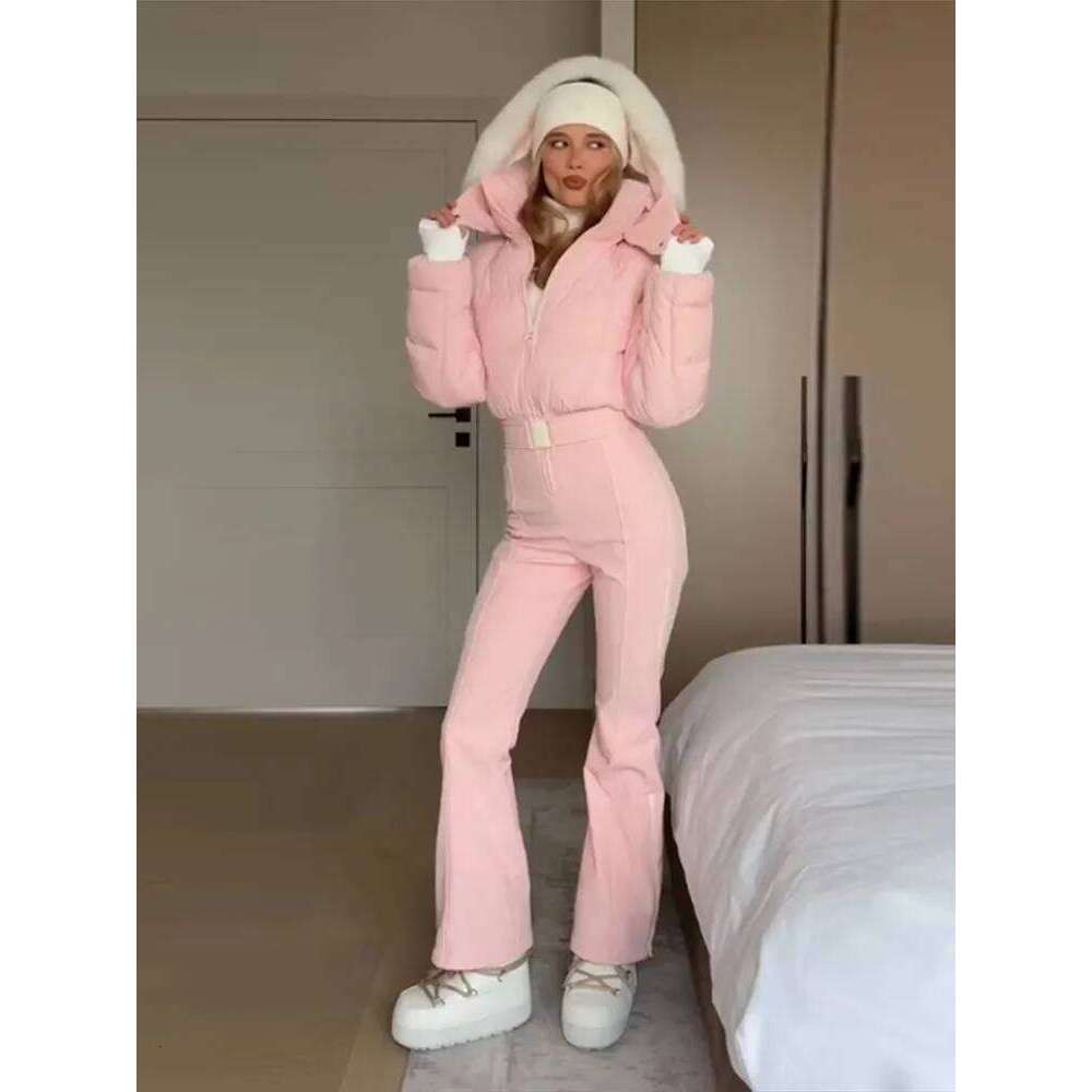 Pink Thicken Fur Patchwork Jumpsuit Women Slim Full Sleeve Hoody Zipper High Waist Skiwear Fashion Winter Warm Lady Romper