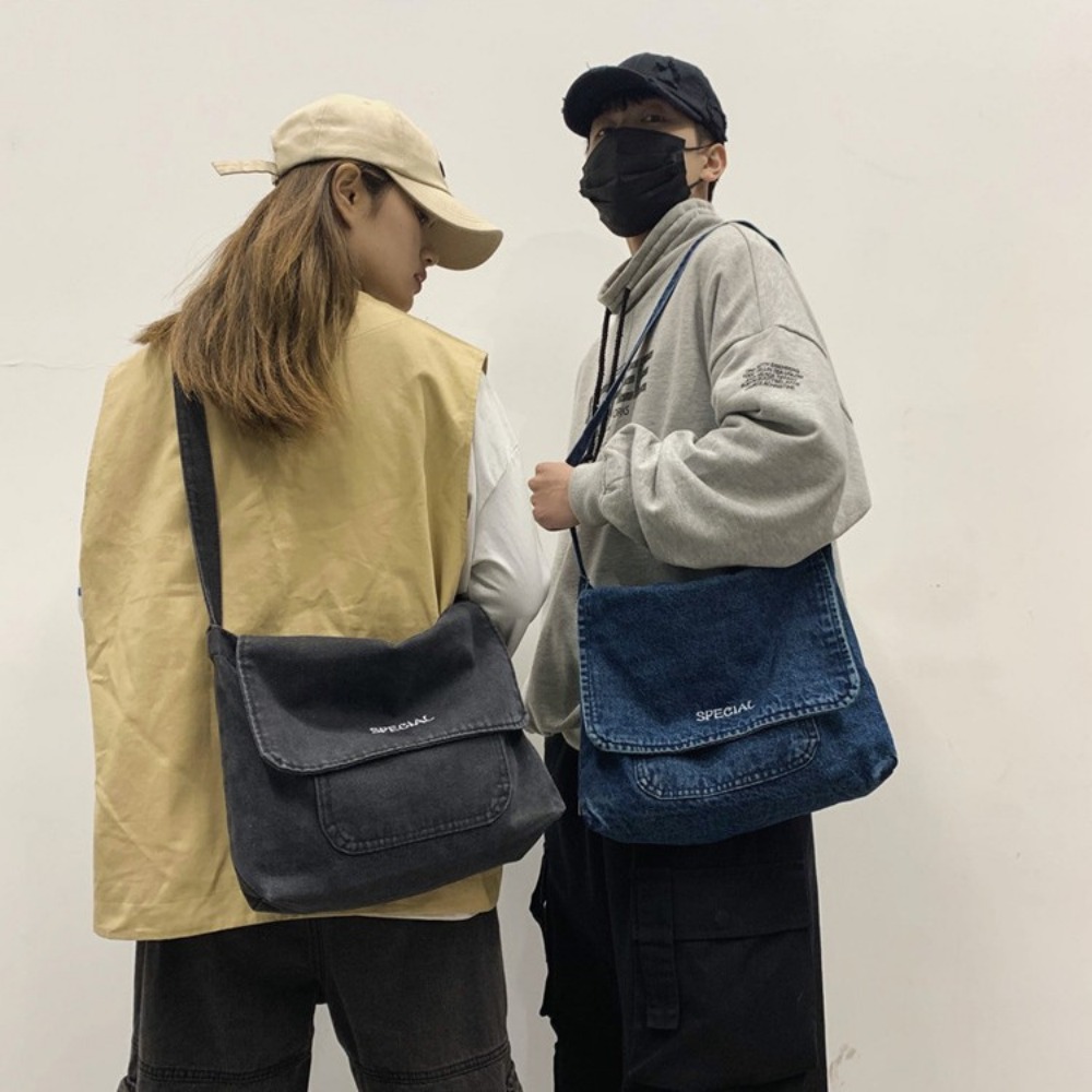 College Essential Stylish Denim Sling Pack with Tactile Design Elements