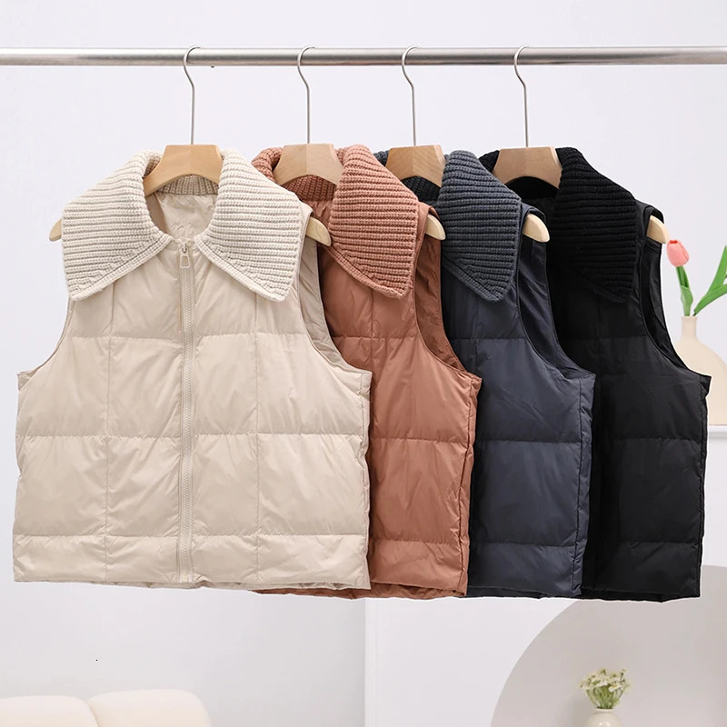 Autumn Winter Knitted Spliced Lapel Down Vest Women White Duck Down Zipper Loose Vests Female Sleeveless Quilted Waistcoat Coat 251024