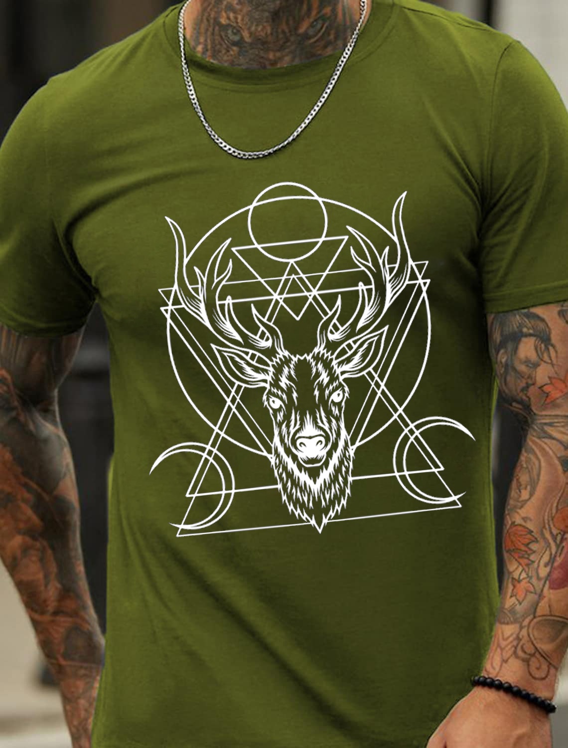 European & American Oversized Deer Head Geometric Print Men's Cotton Summer T-Shirt - TT7193