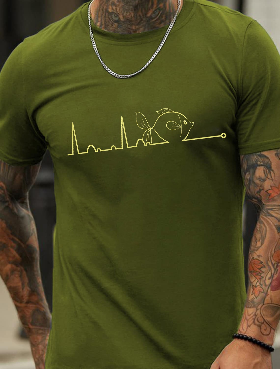 European & American Oversized Heartbeat Line Fish Pattern Fashion Men's Cotton Summer T-Shirt - TT7094