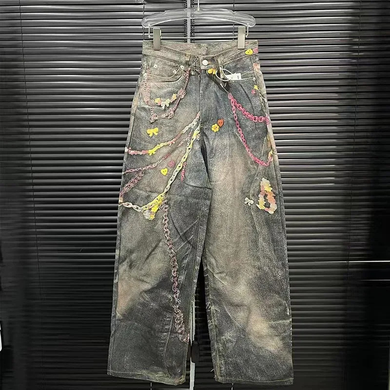 DEAT Fashion Womens 3D Chain Printed Contrast Color Jeans Niche High Waist Casual Denim Pants Female Trendy 11A04071 251029