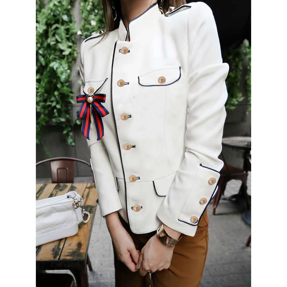 Elegant Women S Slim Fit Long Sleeve With Bowknot Detail Non Stretch Fabric Single Breasted Placket Stand Collar Solid Color Perfect For Spring Fall