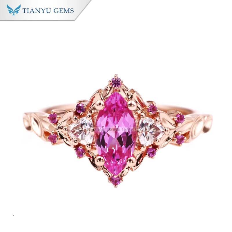 Tianyu Gems Custom Made 14k Rose Gold 5X10mm 1ct Marquise Pink Sapphire and Fat Triangle Jewelry Ring