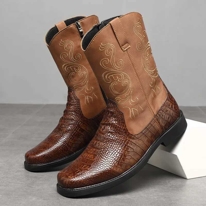 Mens Wide Width Tall Cowboy Boots Fall 2025 PU Leather High Shaft Western Embroidered Workwear Vintage Riding Boots for Outdoor Z251029