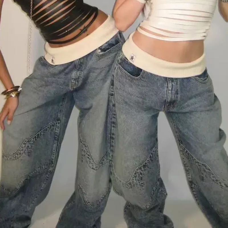 Retro Splicing Jeans Womens Y2K Street Style Washed Retro Blue Jeans Neutral Straight Hip Hop Loose Casual Pants Jeans 251029