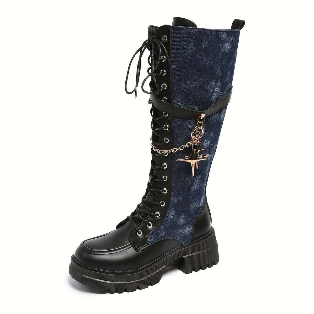Women's Winter New Solid Color Patchwork Lace-Up Star Metal Chain Side Zipper Thick Sole Chunky Heel Knee-High Boots Fashion Versatile Casual Hig