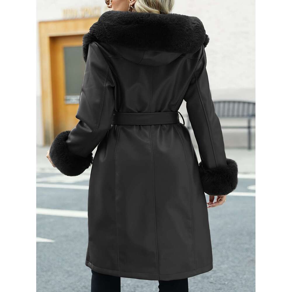 Elegant Fur Coat Warm Brown Women S Elegant Faux Fur Trimmed PU Leather Hooded Coat Long Winter Jacket With Belt Casual Fall Winter Outerwear