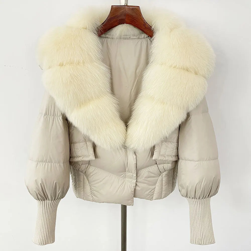 WHOLESALE Winter Coat Women White Duck Down Jacket Raccoon Fox Fur Collar Loose Elegant Casual Office Lady Overwears 251028
