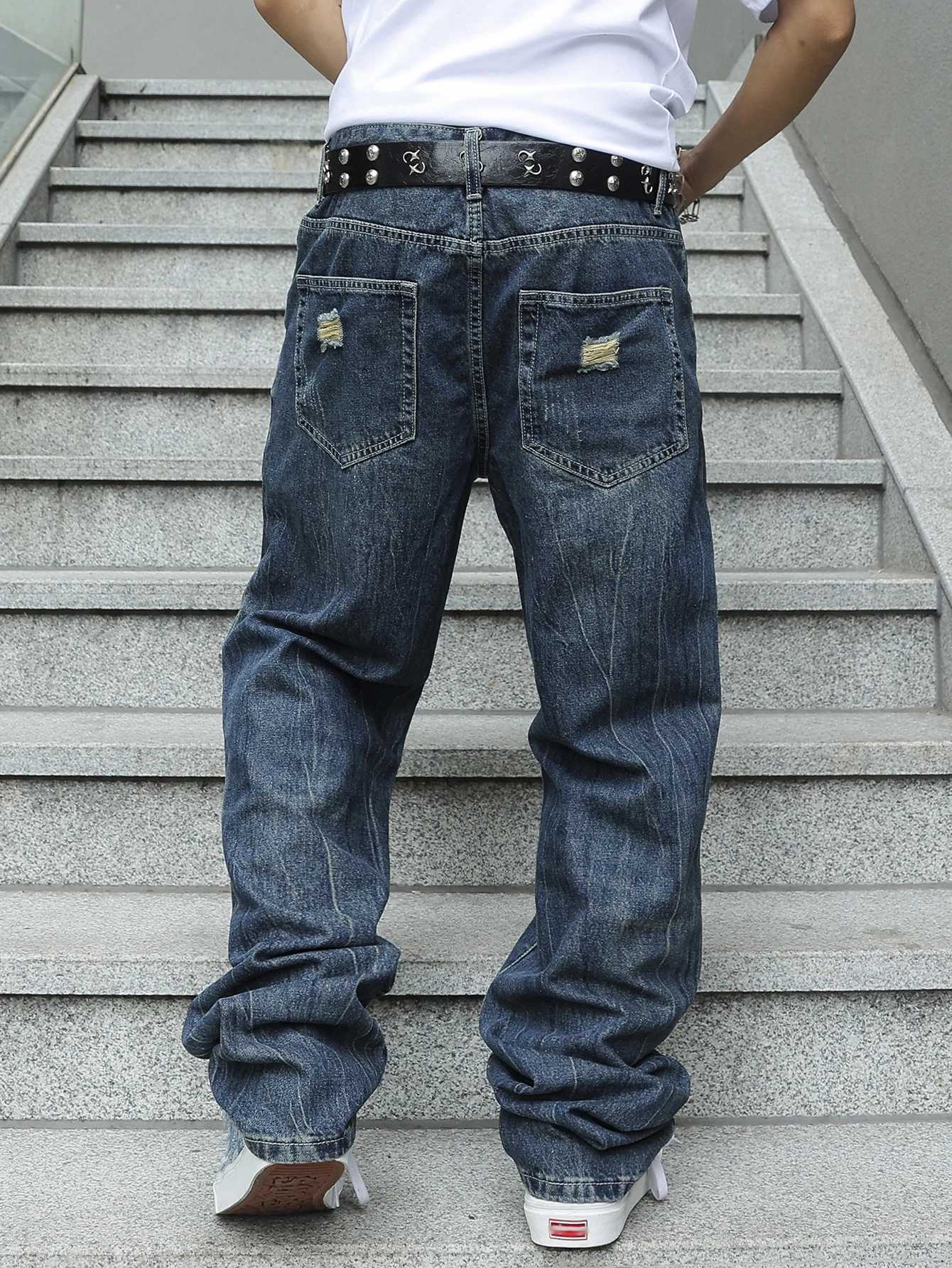 Mens Regular Fit Distressed Jeans Navy Blue Washed Ripped Denim Y2K HipHop Streetwear J251030