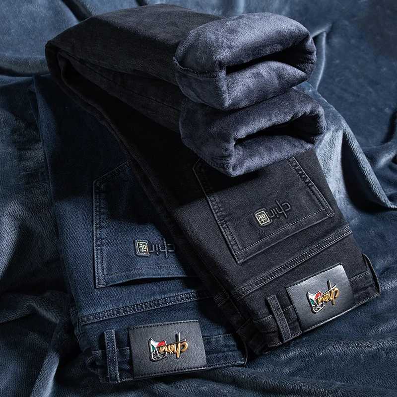 Winter Fleece Warm Mens Jeans Straight Stretch Classic Business Casual Thicken Denim Trousers Washed Fashion Velvet Male Pants J251030