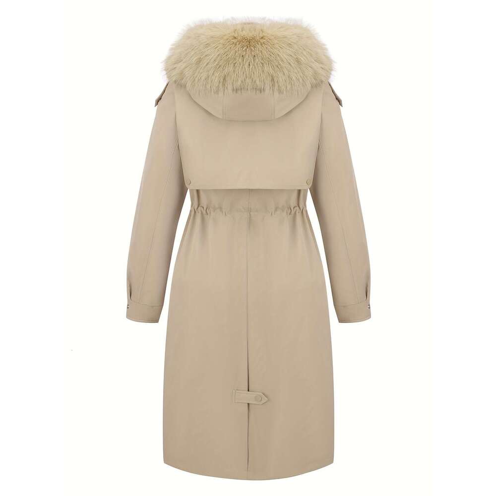 Women S Elegant Coat With Detachable Hood Long Black Jacket Full Zip Front Closure White Faux Fur Hand Dry Clean Non Stretch Outer For Fall Winter Cas