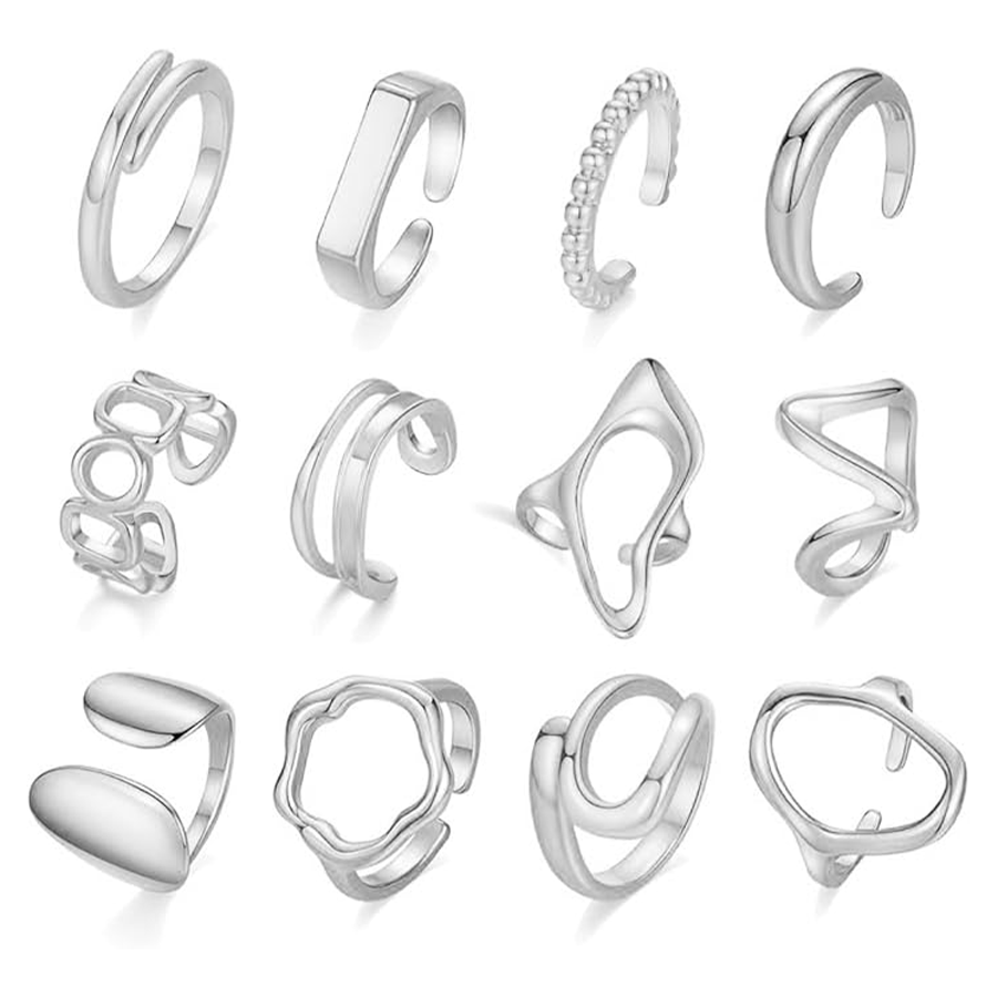 12Pcs Silver Stackable Rings Silver Plated Chunky Knuckle Finger Ring Geometric Bead Cloud Wave Flower Hollow Statement Bands Signet Open Rings Adjust