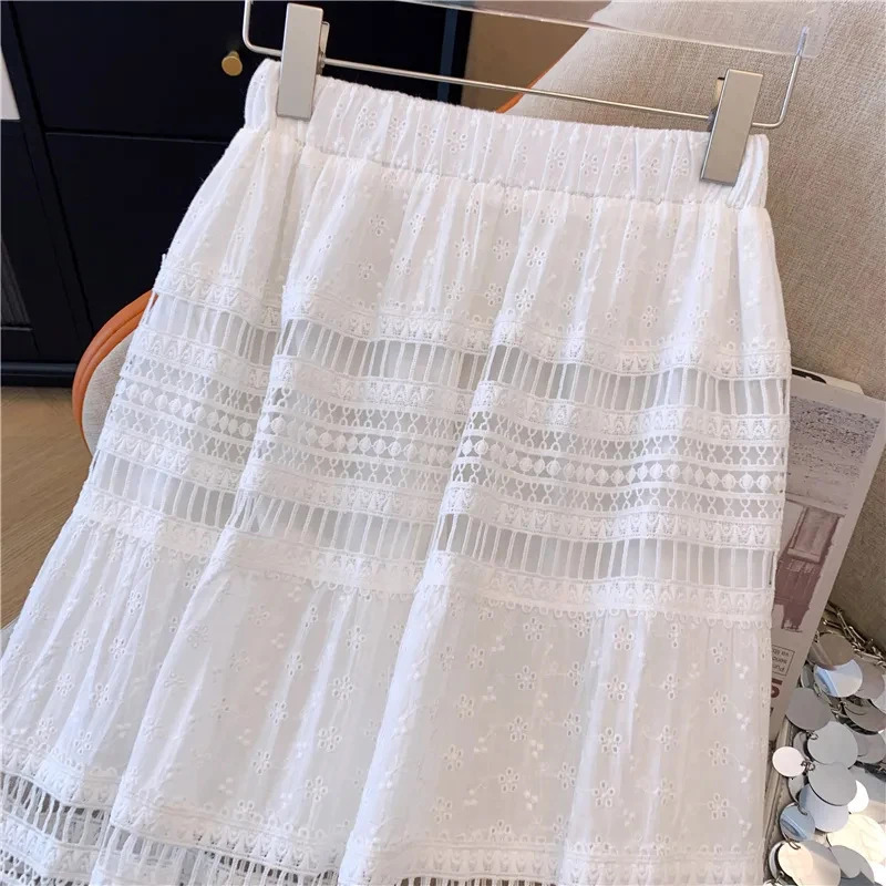 Embroidery Eyelet Cutout Maxi Skirt White Cotton Semi Sheer Flowy Long Skirt Women Boho Summer Vacation Fairycore Outfit 251028