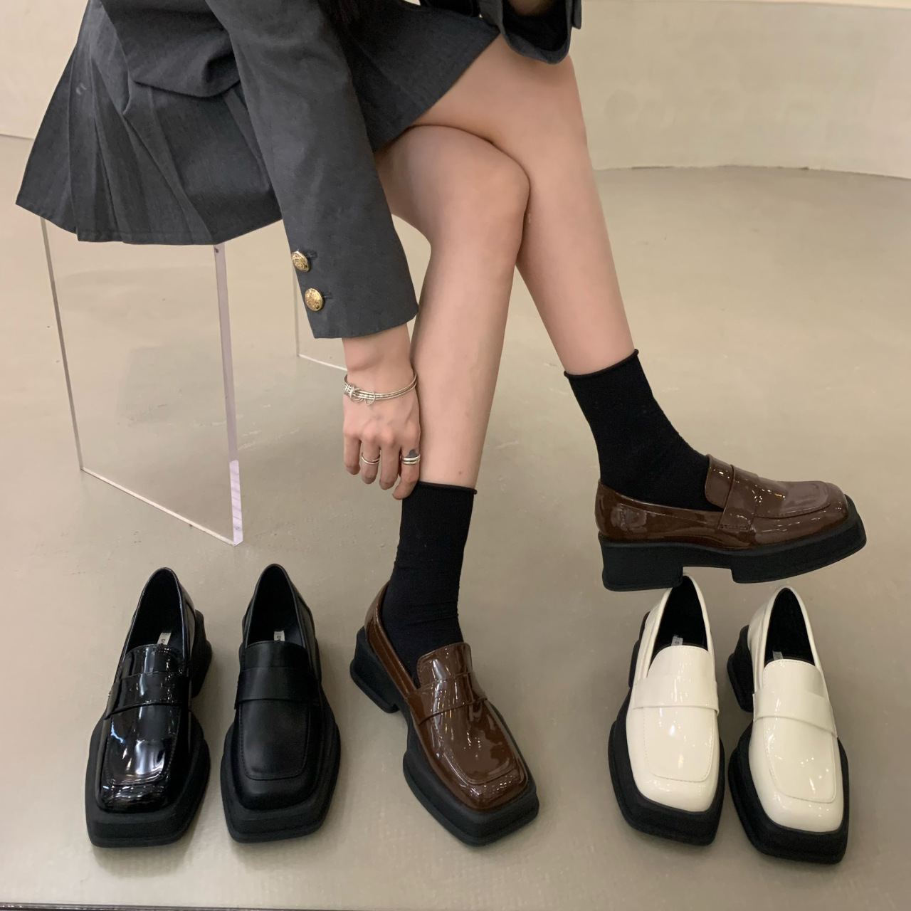 Thick-soled spring and autumn black single shoes women's shoes square-toed loafers British-style small leather shoes comfortable2025