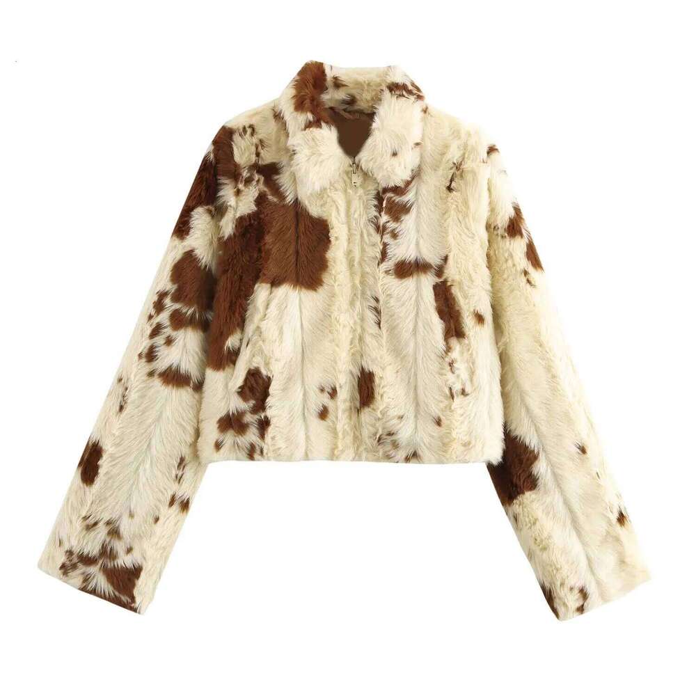 JNLEAOG Autumn New Women's Faion Wind Pattern Print Artificial Fur Effect Jaet Ort Outerwear Polyester Fiber Collar
