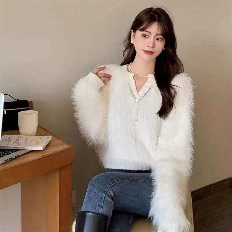 Design Sense Waterproof Mink Wool Sweater for Women, Autumn and Winter New Lazy Style Korean Version Fuzzy Knitted Pullover Outerwear Top