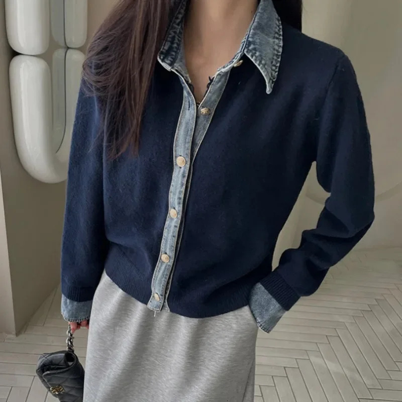 Slimming Effect Korean Style Denim Splicing Knitted Open Cardigan Womens Fashion Outerwear Ultra Thin Long Sleeve Urban Style 251029