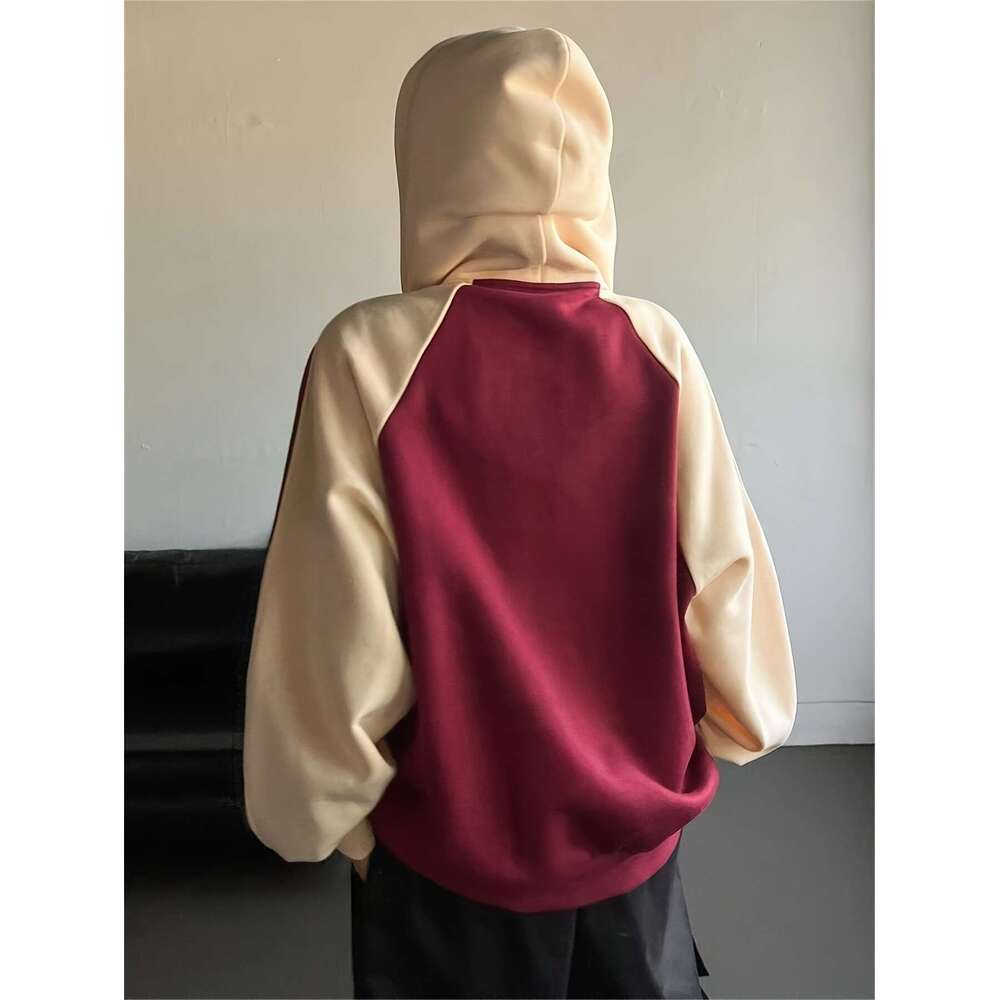 Women S Y K Color Block Hoodie With Wealth Letter Print Maroon Loose Fit Raglan Sleeve Pullover Hine Washable Casual Streetwear For All Seasons